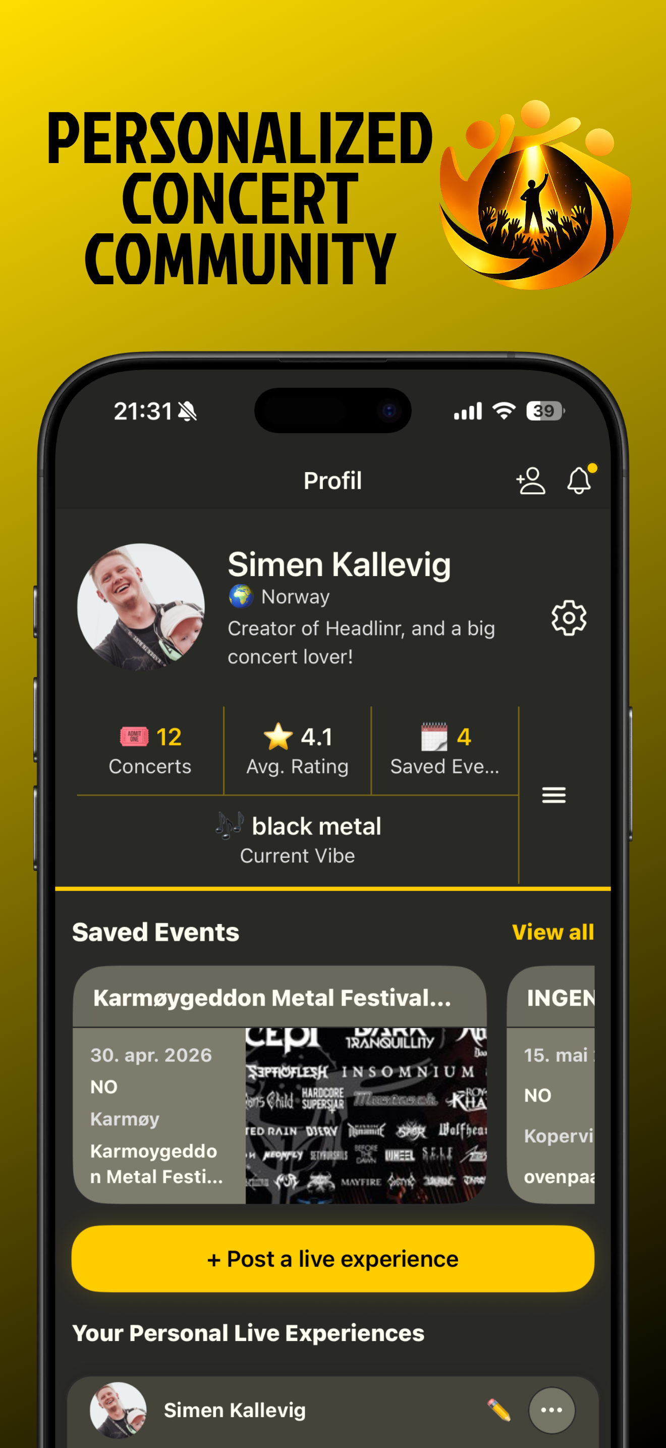 Headlinr profile with concert statistics and saved events